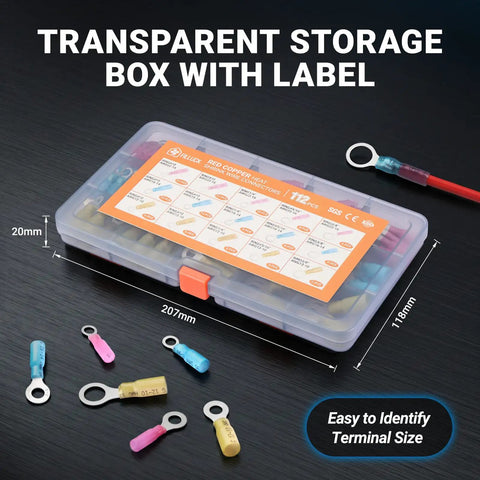 Marine Grade Heat Shrink Ring Terminal Kit 112 Pcs With Beefed Up Thickened Red Copper Terminals in transparent storage box.