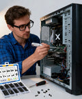 Man using Mega 507 Piece All In One Pro Grade Computer Screw Kit for DIY PC builds and repairs with open desktop case.