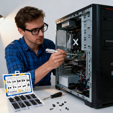 Man using Mega 507 Piece All In One Pro Grade Computer Screw Kit for DIY PC builds and repairs with open desktop case.