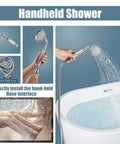 Handheld shower spraying water next to freestanding tub filler, features Floor Mount Bath Tub Faucet Freestanding Tub Filler With High Flow Shower.