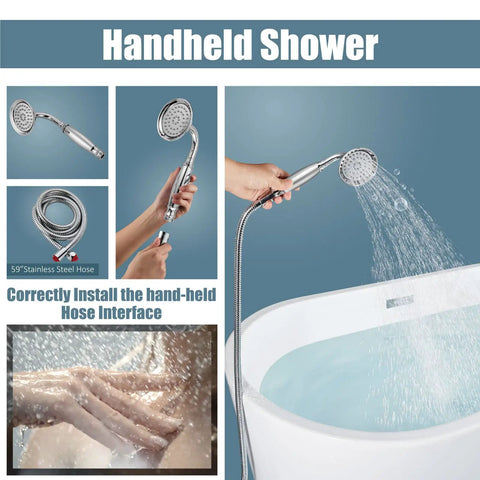 Handheld shower spraying water next to freestanding tub filler, features Floor Mount Bath Tub Faucet Freestanding Tub Filler With High Flow Shower.