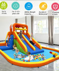 Giant Backyard Water Park With Tall Dual Slides, Climbing Walls, Splash Pool, Tunnel, Water Cannon And Sprayer, Two Basketball Hoops, Dump Bucket, Epic Summer Fun For Big Kids And Kid's Parties shown indoors with kids playing.