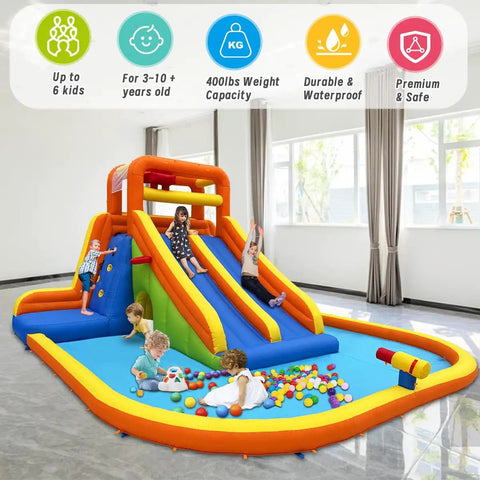 Giant Backyard Water Park With Tall Dual Slides, Climbing Walls, Splash Pool, Tunnel, Water Cannon And Sprayer, Two Basketball Hoops, Dump Bucket, Epic Summer Fun For Big Kids And Kid's Parties shown indoors with kids playing.