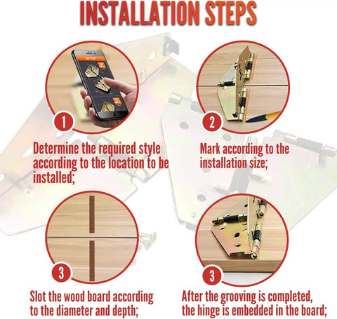 Installation steps for Four Pack Premium Drop Leaf Table Hinges Heavy Duty Zinc Plated Steel Folding Table Brackets with Easy Setup Screws.