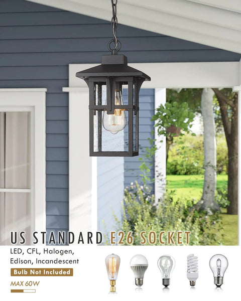 Outdoor Porch Pendant Light With Seeded Glass Shade In Matte Black Farmhouse Exterior Hanging Lantern For Gazebo Built Tough