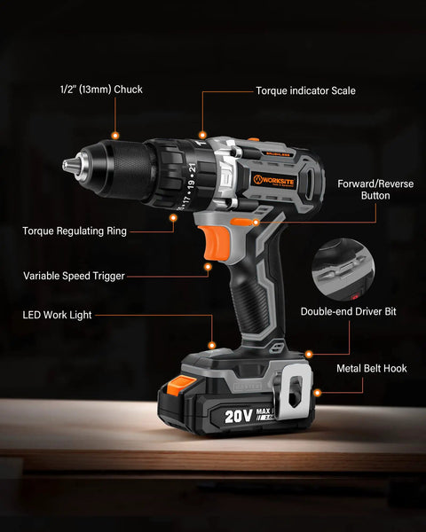 Brushless Power Drill Kit With 1/2 Inch All Metal Chuck, 530 In-Lb Torque, 2 Speed, showing labeled parts and features