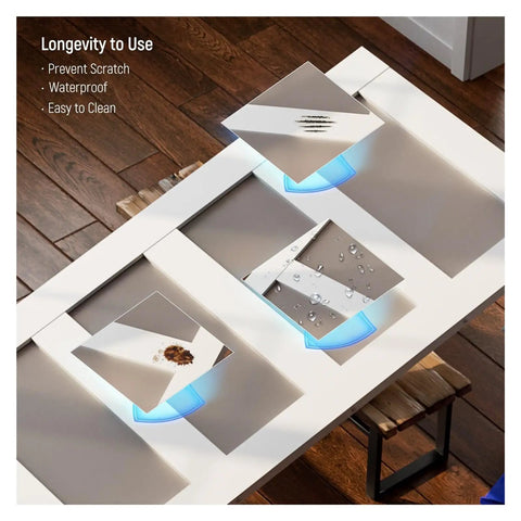 Close-up of scratch, waterproof, and easy-clean features on five panel glass barn door kit with sliding hardware and MDF core in white.