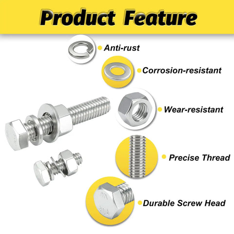 Thirty Set Quarter Inch By Twenty Hex Bolt Kit With Nuts Flat Washers And Split Lock Washers 120 Pieces 304 Stainless Steel features