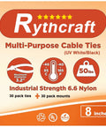 Rythcraft 8-inch multi-purpose cable ties package, industrial strength, 30 pack, white and black, 50 lbs capacity.