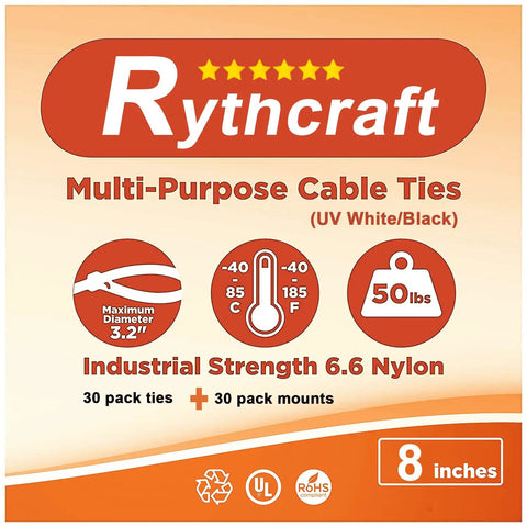 Rythcraft 8-inch multi-purpose cable ties package, industrial strength, 30 pack, white and black, 50 lbs capacity.