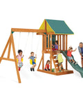 Kids playing on a weatherproof wooden swing set for backyard with UV and mold protection, featuring slide and swings.