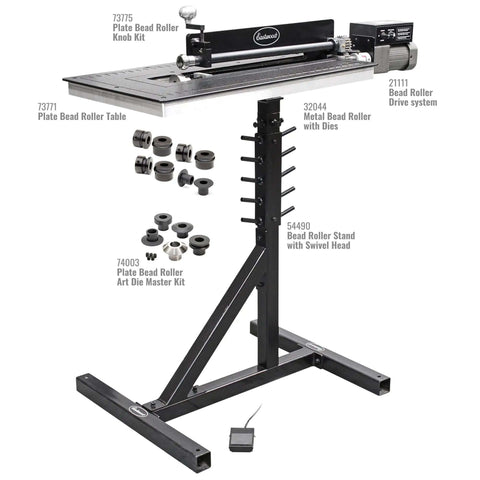 19 Inch Plate Bead Roller Kit For Metal Fabrication With 360 Degree Swivel Stand and Integrated Die Storage shown with accessories