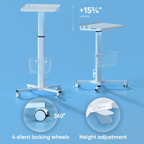 Mobile Laptop Cart On Wheels With Adjustable Height From 29.7 To 45.2 Inches Standing Rolling Desk For Laptop And Small PC Supports Up To 17.6 Lbs Portable Home Office Cart For Couch And Office White with 4 locking wheels and height adjustment.