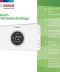 Wi Fi Connected Thermostat With Alexa And Google Assistant All In One Touch Screen Controller Auto On Safety Alerts Remote HVAC Control From Anywhere Sleek Color Display Energy Saver For Smart Home White with Bosch logo and features listed.