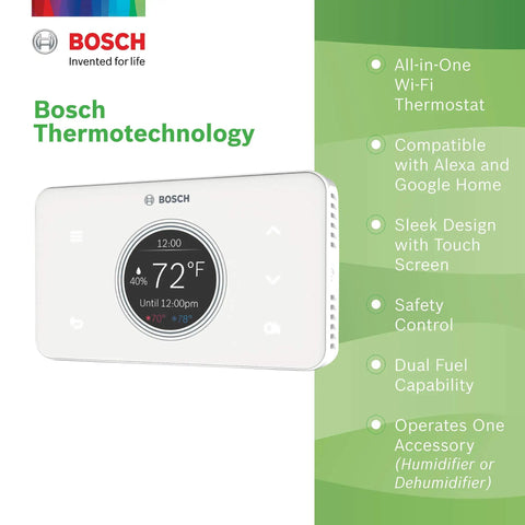 Wi Fi Connected Thermostat With Alexa And Google Assistant All In One Touch Screen Controller Auto On Safety Alerts Remote HVAC Control From Anywhere Sleek Color Display Energy Saver For Smart Home White with Bosch logo and features listed.
