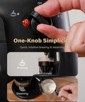 Compact 4 Cup Espresso Maker With Milk Frother For Cappuccino And Latte Fast 800W Heating System Easy To Use Home Espresso Machine 3.5 Bar Boiler Black with one-knob control and brewing process display.
