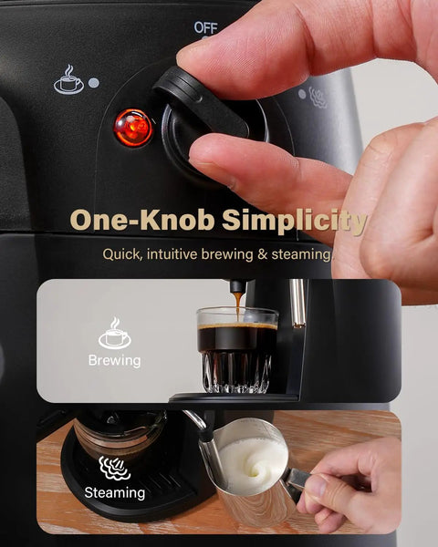 Compact 4 Cup Espresso Maker With Milk Frother For Cappuccino And Latte Fast 800W Heating System Easy To Use Home Espresso Machine 3.5 Bar Boiler Black with one-knob control and brewing process display.