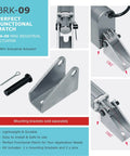 Heavy Duty Iron Mounting Bracket BRK-09 For Linear Actuators, 180 Degree Swivel, shown with components and 180° angle