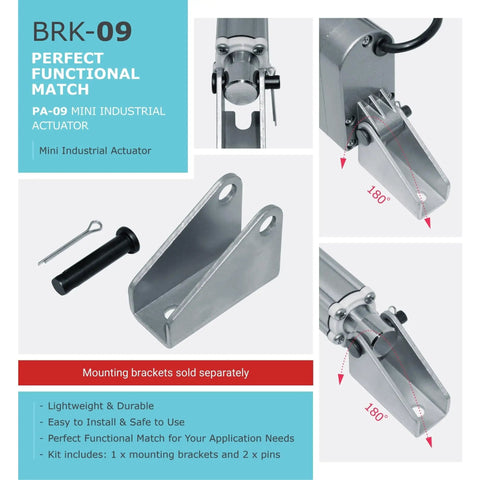 Heavy Duty Iron Mounting Bracket BRK-09 For Linear Actuators, 180 Degree Swivel, shown with components and 180° angle