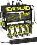 Power Tool Organizer Wall Mount With Charging Station And 6-Outlet Power Strip, 3-Tier Garage Shelf Black, Keeps Tools Charged And Ready To Roll In Your Busy Workshop. Black metal 3-tier wall shelf with outlets, drills, batteries, and hand tools