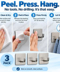 Step-by-step installation guide for Badass Heavy Duty Adhesive Hooks, 3 Pack Rust Proof Steel Wall Grips with Peel And Stick Setup.