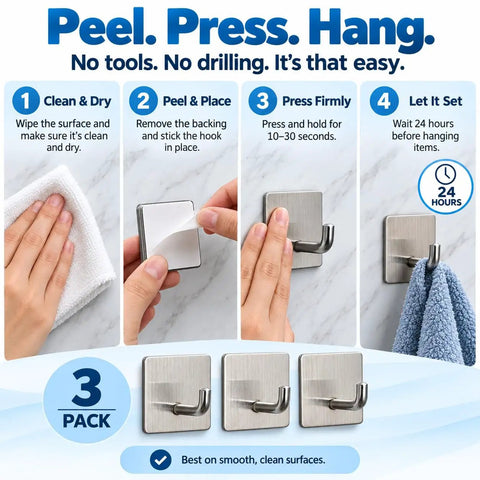 Step-by-step installation guide for Badass Heavy Duty Adhesive Hooks, 3 Pack Rust Proof Steel Wall Grips with Peel And Stick Setup.