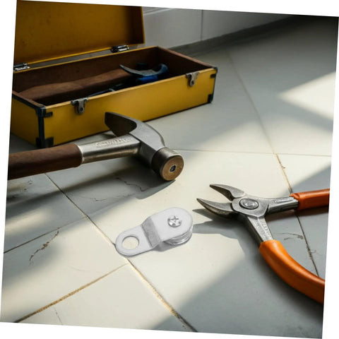 12 Pack Cable Guide Pulley Blocks For 6mm Rope With Swivel And Open Wheel Design shown with hand tools and storage box