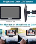 7 Inch Car Backseat Monitor with USB Plug and Play setup showing brightness adjustment menu and mounted on dashboard.