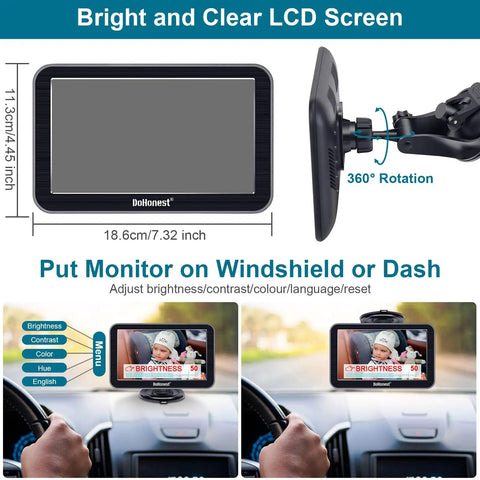 7 Inch Car Backseat Monitor with USB Plug and Play setup showing brightness adjustment menu and mounted on dashboard.