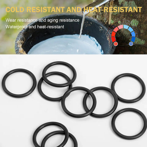 Close-up of black nitrile rubber O-rings from an 18-size assortment kit