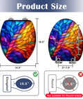 Elongated Colorful Stained Glass Effect Abstract Leaf Radiant Toilet Seat dimensions display, 18.5" elongated design.