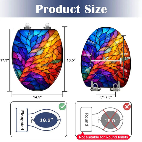 Elongated Colorful Stained Glass Effect Abstract Leaf Radiant Toilet Seat dimensions display, 18.5" elongated design.