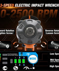 3-speed electric impact wrench showing forward and reverse rotation features, LED speed indicators, and screws.