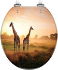 Generic Round Resin Toilet Seat for Bathroom with giraffe design, 16.5 inches long and 14.5 inches wide.