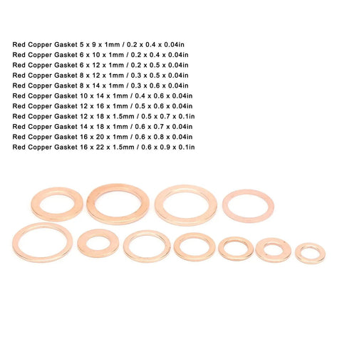 Heavy Duty 300 Piece Red Copper Gasket Washer Assortment Kit With 11 Sizes From M5 To M16 For High Thermal Conductivity Sealing Oil Pan Fuel And Hydraulic Joints, 11 sizes red copper washers