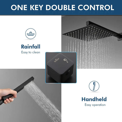 10 Inch Overhead Rain Shower System With Handheld Sprayer showing matte black shower head and control valve