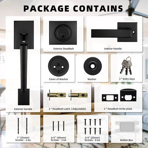 Package contents of Matte Black Front Door Handle Set With Single Cylinder Deadbolt Exterior Door Lock System, including handle, deadbolt, and keys.