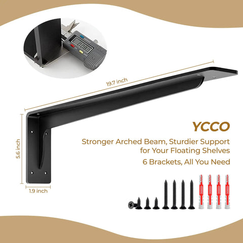 Beefy Heavy Duty L Shelf Brackets 6 Pack Matte Black 20 By 5.6 Inch with Hardware for Floating Shelves in Home Garage