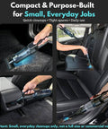 Portable Cordless Car Vacuum Tiny But Mighty 4 In 1 Mini Handheld with 19500 Pa Suction, in use for cleaning car interiors.