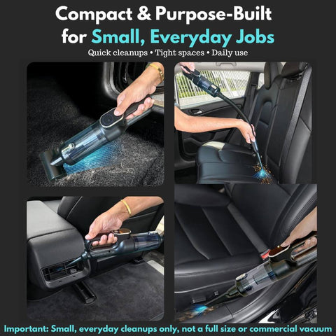 Portable Cordless Car Vacuum Tiny But Mighty 4 In 1 Mini Handheld with 19500 Pa Suction, in use for cleaning car interiors.