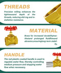 Image showing the 1 Inch NPT Brass Gate Valve Female X Female With Wheel Handle features: detailed brass threads, durable brass material, red handle.