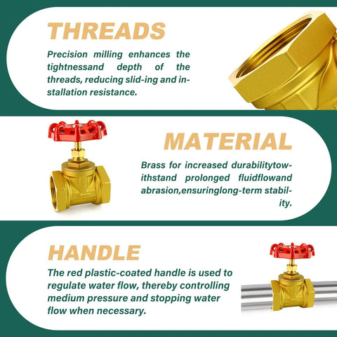 Image showing the 1 Inch NPT Brass Gate Valve Female X Female With Wheel Handle features: detailed brass threads, durable brass material, red handle.