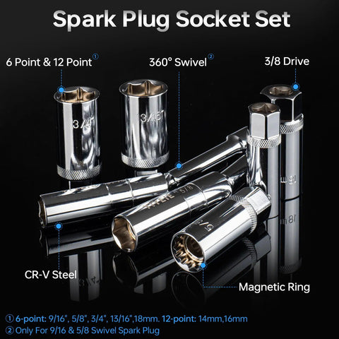 Beefy Pro Grade Magnetic Spark Plug Socket Kit With Three Eighth Inch Drive Torque Wrench Includes 14mm, 16mm, 18mm Sockets And Nine Sixteenth, Five Eighth, Three Fourth, Thirteen Sixteenth Inch Sockets, Swivel Joint, Five To Fifty Foot Pound Torque, CR-V steel sockets