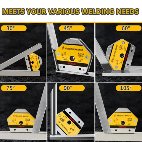 Welding magnet collage showing yellow-faced magnet clamping steel at 30°, 45°, 60°, 75°, 90°, 105° for metal projects