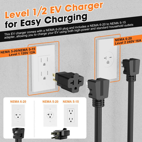 Portable Level 1 And 2 EV Charger With 16A 3.8 KW J1772 Plug 25ft Cord NEMA 6-20 110V-240V ETL FCC Certified outlets illustration