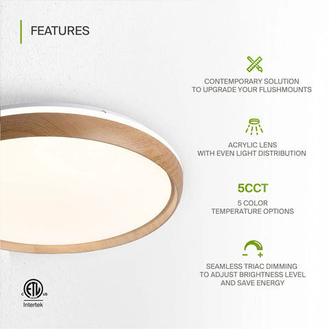 20 Inch LED Flush Mount Ceiling Light Fixture Low Profile Modern Design With Faux Wood Shade 42W 2098LM Dimmable 2700K To 5000K Adjustable CCT ETL Listed For Kitchen And Bedroom, showcasing features like acrylic lens and seamless dimming options on a white background.