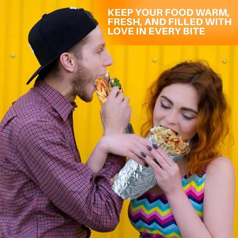 Couple enjoying sandwiches wrapped in 150 Sheets Insulation Aluminum Foil Sandwich Wrapping Paper Sheets 10.75 x 14 Inches
