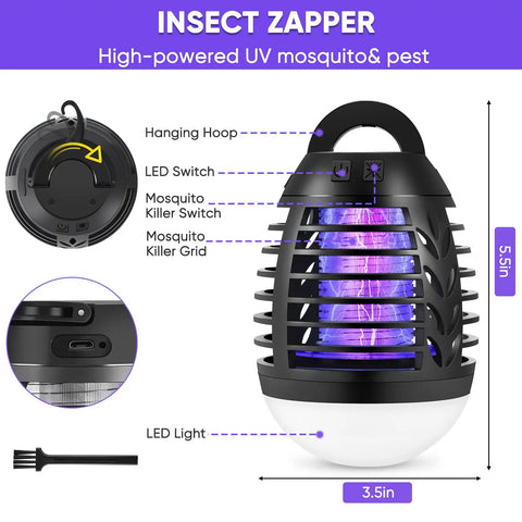 Rechargeable Mosquito Zapper For Indoor Outdoor Use, UV Light Bug Killer Attracts Mosquitoes Flies Gnats Moths No Odor Mess Free Non Toxic IPX6 Waterproof Insect Trap with hanging hoop and LED light