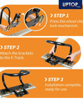 Installation steps for Heavy-Duty Steel Wheel Chock For E-Track And X-Track Systems, showing lock mechanism and brackets attachment.