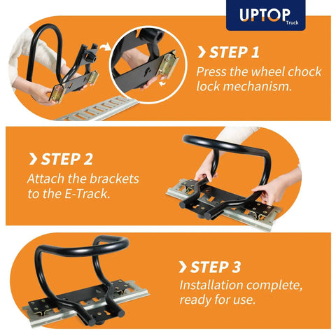 Installation steps for Heavy-Duty Steel Wheel Chock For E-Track And X-Track Systems, showing lock mechanism and brackets attachment.